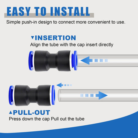 Brintek push-to-connect pneumatic fittings with blue collars and tube, front-view instructional diagram