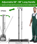 Heavy Duty Lawn Leveling Rake With 68 Inch Adjustable Stainless Steel Handle and measurements next to a man in green overalls.