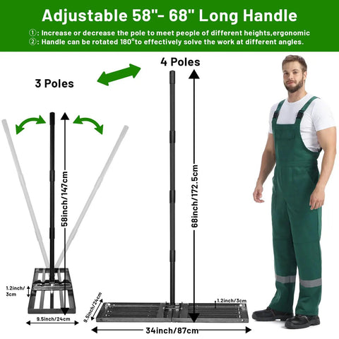 Heavy Duty Lawn Leveling Rake With 68 Inch Adjustable Stainless Steel Handle and measurements next to a man in green overalls.