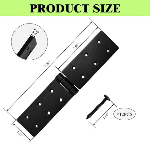 Tough As Nails Heavy Duty Gate Hinges 4 Pack dimensions with black steel coating and mounting screws shown for yard upgrades.
