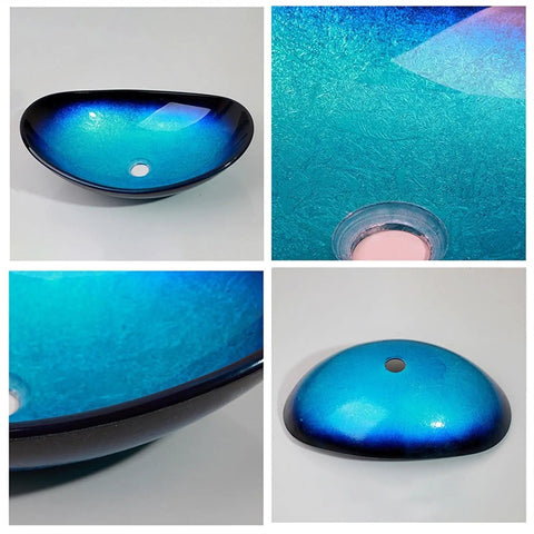 Bathroom Sink Tempered Glass Bathroom Vessel Vanity Sink with a shiny blue surface and drainage hole for easy installation.