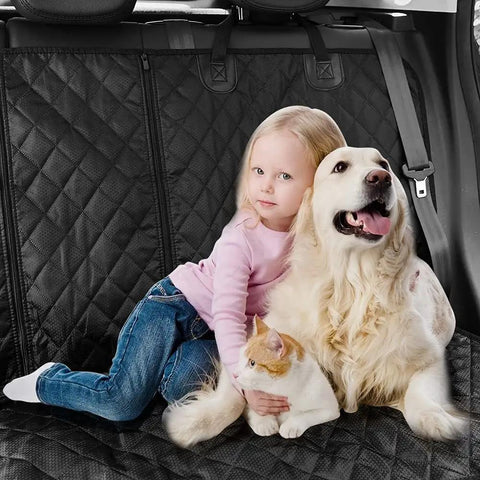 Child, dog, and cat sitting on Backseat Dog Car Seat Cover Non Slip Waterproof Pet Hair Protector For SUV Van Auto Universal Fit