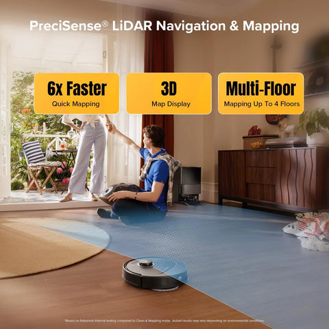 roborock Qrevo S5V robot vacuum and mop on wood floor, cleaning blue mapped area in living room.