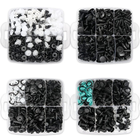 Hella Universal Car Retainer Clips 1101 Piece Kit With 32 Popular Sizes, assorted clips in a storage container.