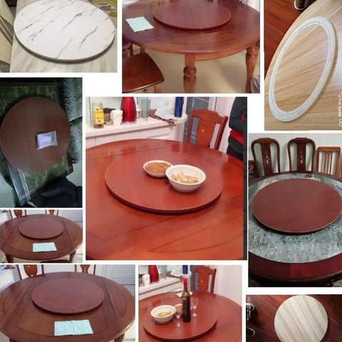 Collage of various 20-inch wooden Lazy Susan turntables on dining tables, featuring Gigantic Lazy Susan Turntable For Dining Tables 20 Inch Wooden Rotating Serving Tray Black Round Organizer For Kitchen Use Perfect For Parties And Gatherings