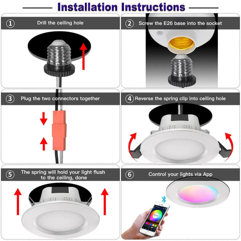 Installation instructions for Smart 3 Inch Recessed LED Light Pack of 8, Dimmable RGB and Tunable White 2700K-6500K, remote control.
