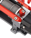 Close-up view of Premium CNC Dual Motor Winch Kit Metal Alloy for 1/10 And 1/8 Scale RC Cars showing red alloy components.