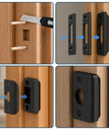 Installation of Universal Door Strike Shim Kit with black stainless steel alignment blocks and wood dowels for door gap adjustments.