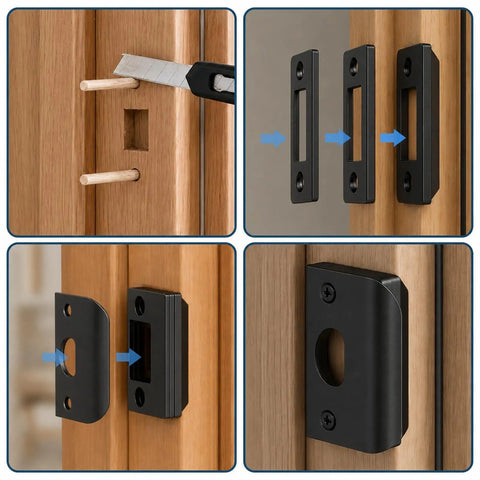 Installation of Universal Door Strike Shim Kit with black stainless steel alignment blocks and wood dowels for door gap adjustments.