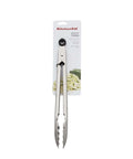 Stainless Steel Utility Tongs 12 Inch With Locking Mechanism For Easy Grab And Go Storage In Drawer Or Crock, packaged view.