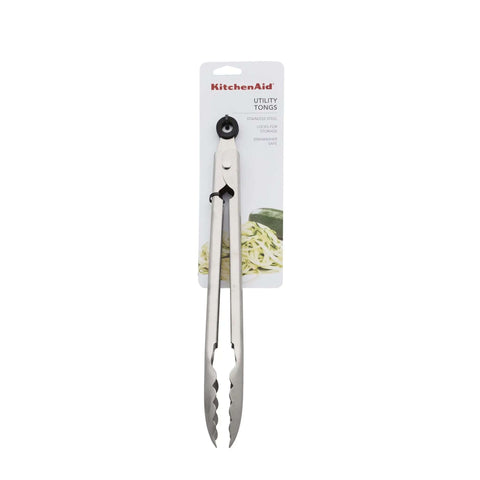 Stainless Steel Utility Tongs 12 Inch With Locking Mechanism For Easy Grab And Go Storage In Drawer Or Crock, packaged view.