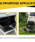 34 Inch Steel Trailer Tongue Box A Frame Storage Chest with Lockable Latch installed on RV and flatbed trailer.