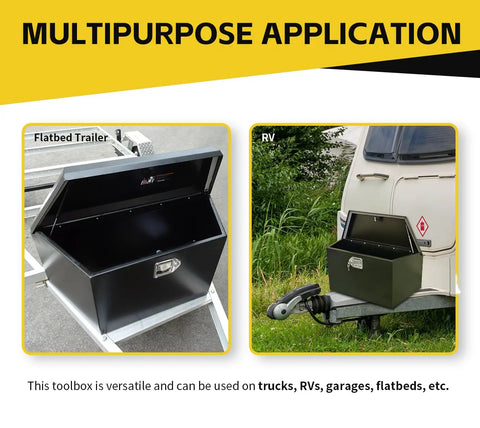 34 Inch Steel Trailer Tongue Box A Frame Storage Chest with Lockable Latch installed on RV and flatbed trailer.