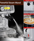 No Cap Best 20 Bar Espresso Machine With Built In Grinder And Stainless Steel Milk Frother For Creamy Cappuccinos steam wand spraying milk.