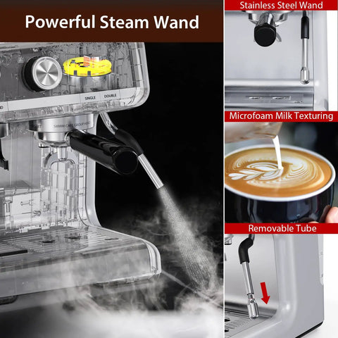 No Cap Best 20 Bar Espresso Machine With Built In Grinder And Stainless Steel Milk Frother For Creamy Cappuccinos steam wand spraying milk.