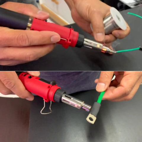 Hands using Cordless Butane Soldering Iron Kit With 3 In 1 Soldering, Jewelry And Heat Shrink Torch on wiring project.