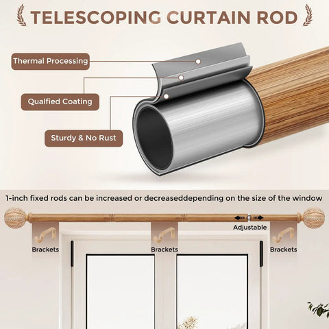 Wood Curtain Rod 1 Inch Diameter Adjustable 30 To 88 Inches Heavy Duty Rustic Farmhouse Drapery Rod With Boho Imitation Wheat Pattern Finials And Hand Painted Wood Grain Finish Light Wood, shown with metal bracket details.