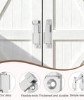 Durable 90 180 Degree Barn Door Lock Latch Kit With Screws And Glue installed on white double doors, zinc alloy construction.