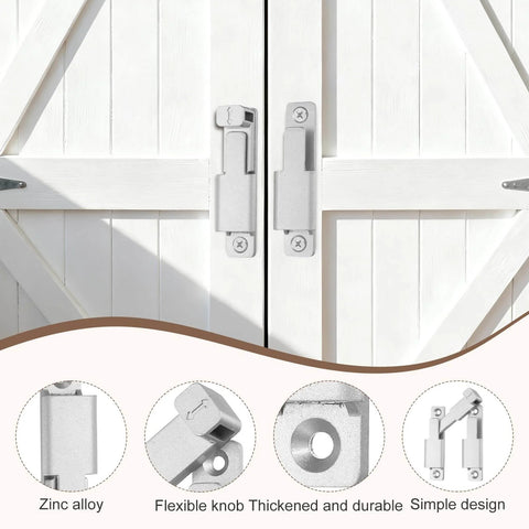 Durable 90 180 Degree Barn Door Lock Latch Kit With Screws And Glue installed on white double doors, zinc alloy construction.