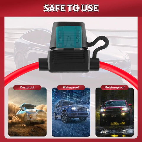 Image of Waterproof Heavy Duty 12V Inline Fuse Holder Kit showing waterproof, dustproof, and moistureproof features for cars and boats.