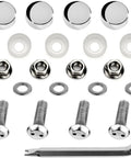 Lock Down Your Rolling Rig With Stainless Steel License Plate Screws Crafted Into Rust Proof Anti Theft Bolts Mounted With Glossy Chrome Caps For A Snug Fit And Zero Hassle Install components including bolts and chrome caps