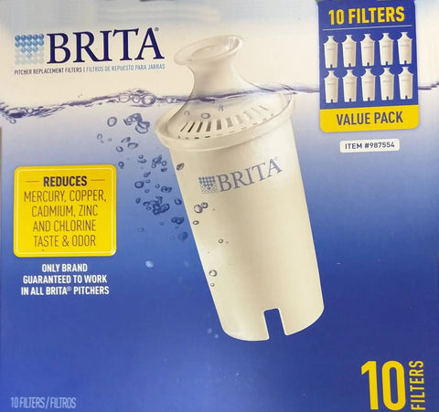 Pour-Through Pitcher Replacement Filters Pack Of 10 White That Reduces Copper Mercury Cadmium And Chlorine Taste Odor box
