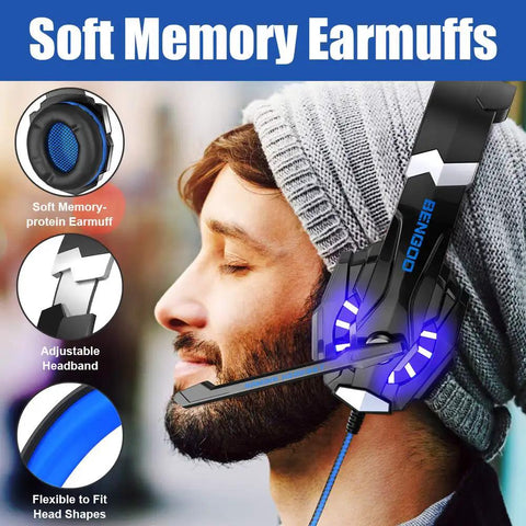 Multi Platform Gaming Headset With Noise Cancelling Mic 7.1 Surround Sound LED Lights And Soft Memory Foam Earpads For PS4 PS5 Xbox One Series X S PC Nintendo 3DS Laptop Tablet And Mobile shown on a person wearing the headset with visible soft memory foam earpads and adjustable headband.