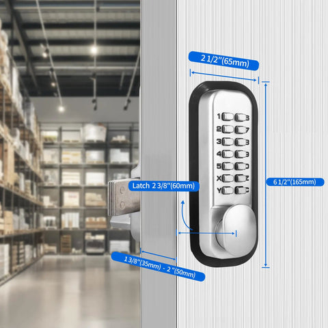 Keyless Combo Door Lock MX250 Surface Mount Deadbolt In Satin Chrome For 1 3 Eighths To 2 Inch Doors shown with warehouse background