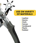 Beefy Revolving Punch Pliers Set With Six Hole Sizes For Leather Rubber And Plastic, showing ergonomic grip and material uses.