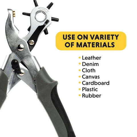 Beefy Revolving Punch Pliers Set With Six Hole Sizes For Leather Rubber And Plastic, showing ergonomic grip and material uses.