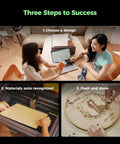 Creality Falcon A1 laser engraver demo; three-step use: choose design, auto-recognize material, push to engrave wood puzzle.