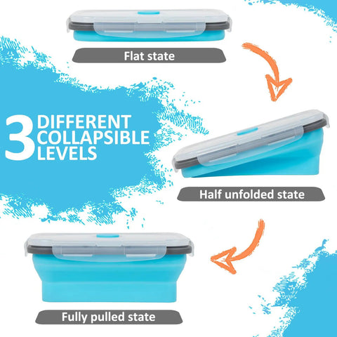 Collapsible Silicone Food Storage Set With Lid And Air Vent For On The Go, Flat, Half, Fully Extended Views