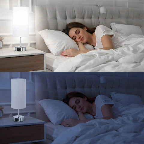 Touch Control Desk Lamp With 3 Way Dimming, 12.8 Inch Bedside Nightstand Light, 2 USB Ports, shown in bedroom setting.