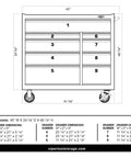 Top Shelf 9 Drawer Stainless Steel Tool Cabinet Rock Solid Rolling Chest dimensions and drawer sizes diagram.