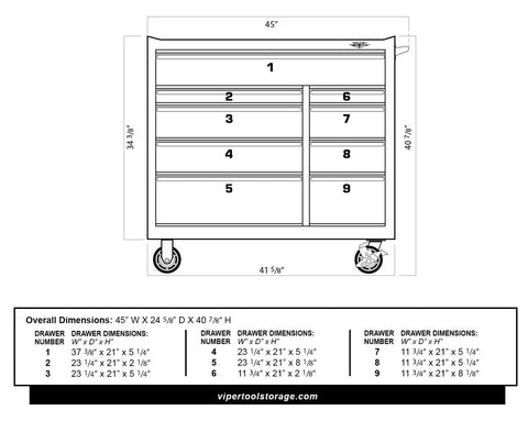 Top Shelf 9 Drawer Stainless Steel Tool Cabinet Rock Solid Rolling Chest dimensions and drawer sizes diagram.