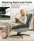 Woman sitting on oversized 360 degree swivel accent chair with ottoman, heavy duty 400 lbs capacity, easy assembly, rocker recliner style.