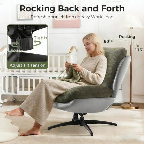 Woman sitting on oversized 360 degree swivel accent chair with ottoman, heavy duty 400 lbs capacity, easy assembly, rocker recliner style.