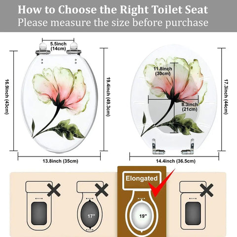 Guidelines for measuring the Elongated Toilet Seat Resin Quiet Close for Bathroom, showing dimensions and fitting types.
