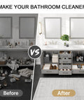 Before and after comparison of Rock Solid 96 Inch Bathroom Vanity With Double Sink And Pure White Quartz Countertop.