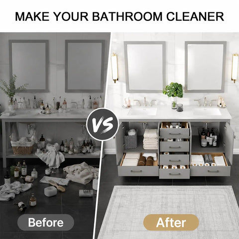 Before and after comparison of Rock Solid 96 Inch Bathroom Vanity With Double Sink And Pure White Quartz Countertop.
