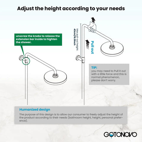 Diagram showing height adjustment for Outdoor Shower Faucet Set In Brushed Nickel, 304 Stainless Steel Shower Head With 2-In-1 Cylinder Handheld Spray.
