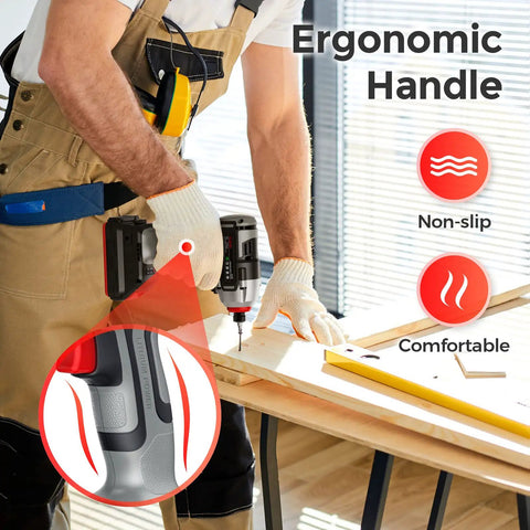 Person using Cordless Impact Driver Set With 20V Brushless Power, ergonomic grip highlighted, in woodworking project.