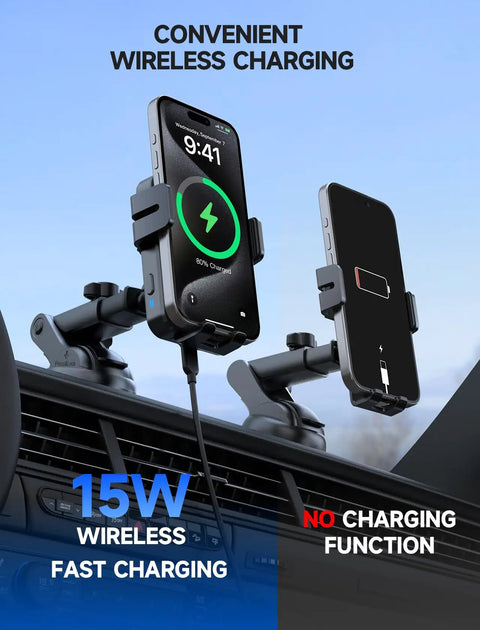 Wireless Car Charger 15W Auto Clamping With 360 Degree Rotating Phone Holder And 3 In 1 Dash Windshield Air Vent Mount on dashboard