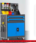 Heavy Duty Rolling Tool Cart With Roomy Sliding Drawers And Multipurpose Workbench Top For Garage Shop Storage Pro Spec Steel Tool Chest Organizer Built Tough, featuring blue drawers and pegboard.