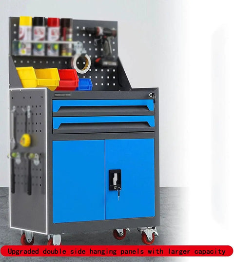 Heavy Duty Rolling Tool Cart With Roomy Sliding Drawers And Multipurpose Workbench Top For Garage Shop Storage Pro Spec Steel Tool Chest Organizer Built Tough, featuring blue drawers and pegboard.