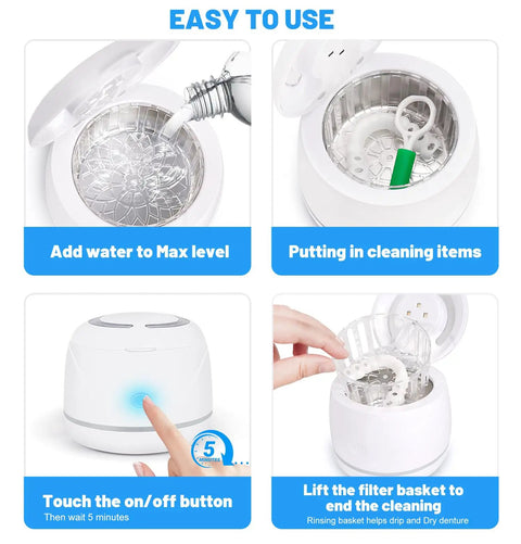 Dual Mode Ultrasonic Cleaner For Dentures Mouth Guards Toothbrush Heads And Jewelry 45 KHz Retainer Cleaner With 5 Minute Quick Blue Light Clean And 3 Minute Deep Purple Light Clean Pink, white unit with basket