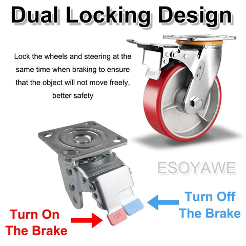 Dual locking design for Heavy Duty Swivel Casters Set Of Four With 8 Inch Polyurethane Wheels And Secure Locking Brakes.