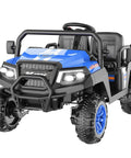 Blue 24V 4 Seater Electric Ride On Car With Parent Remote, 4 Wheel Suspension, USB Music Radio, LED Lights, front angle view