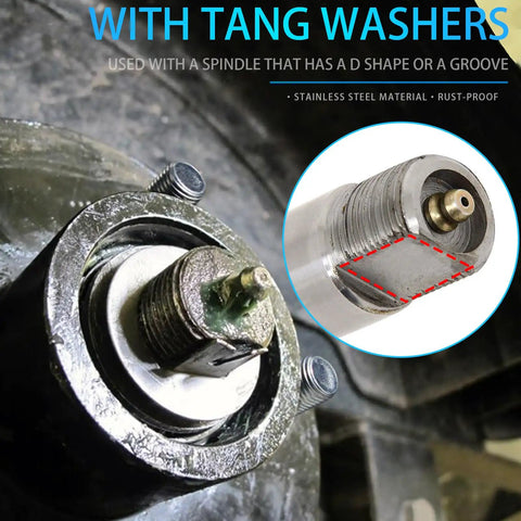Close-up of Two Heavy Duty Bearing Kits For 2000-2200 Lb Boat Trailer Axle with DT8 spindle showing tang washer attachment