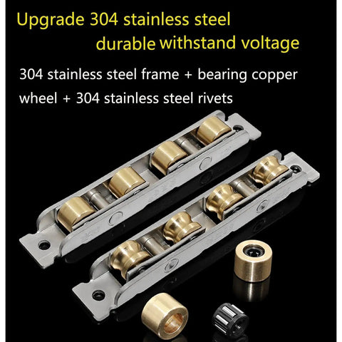 Top Shelf 304 Stainless Steel Sliding Window Rollers With Heavy Duty Bearing Wheels For Patio Doors And Glass Tracks, showing stainless steel frame and copper wheels.